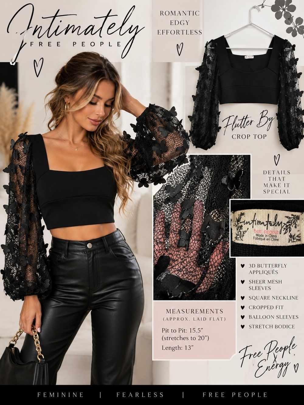 Intimately Free People Flutter By Black Butterfly Mesh Crop Top Large